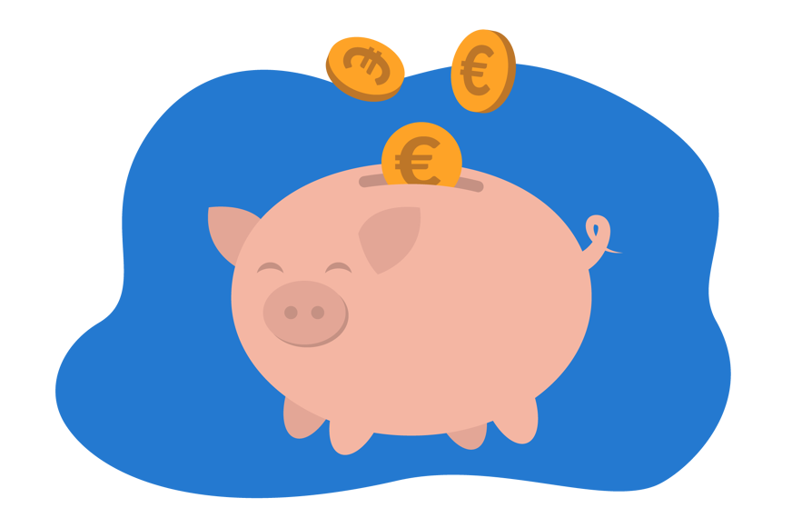 Ilustração de um porquinho mealheiro cor de rosa com moedas de euro a sair da sua parte superior